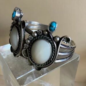 Native Silver Bracelet with Turquoise and White Accents